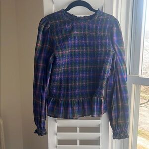 Old Navy Blue Plaid Smocked Peplum Blouse
